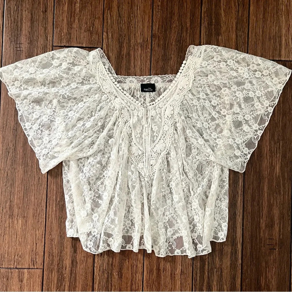 Boho Floral Lace Crop Top Cream Pearl Button Cottagecore Western Festival Girly - Picture 1 of 9